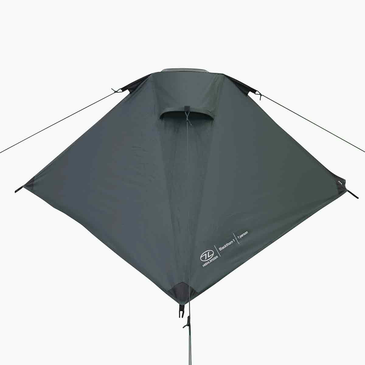 Top-down view of Highlander Blackthorn 1 Person Tent Gen 2 in green, highlighting its streamlined structure and ventilation flap.