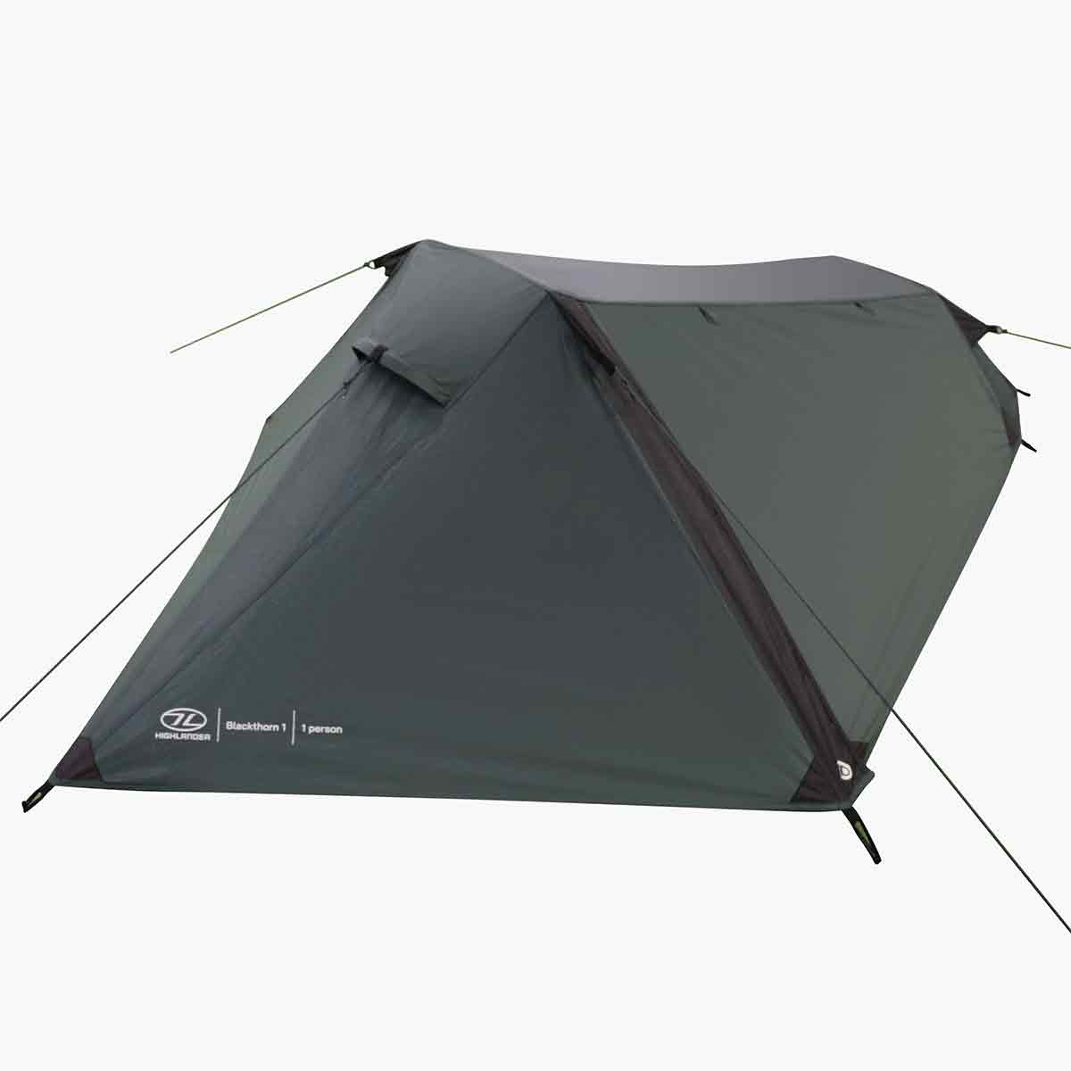 Side view of Highlander Blackthorn 1 Person Tent Gen 2 in green, featuring aerodynamic design for wind resistance and compact camping.