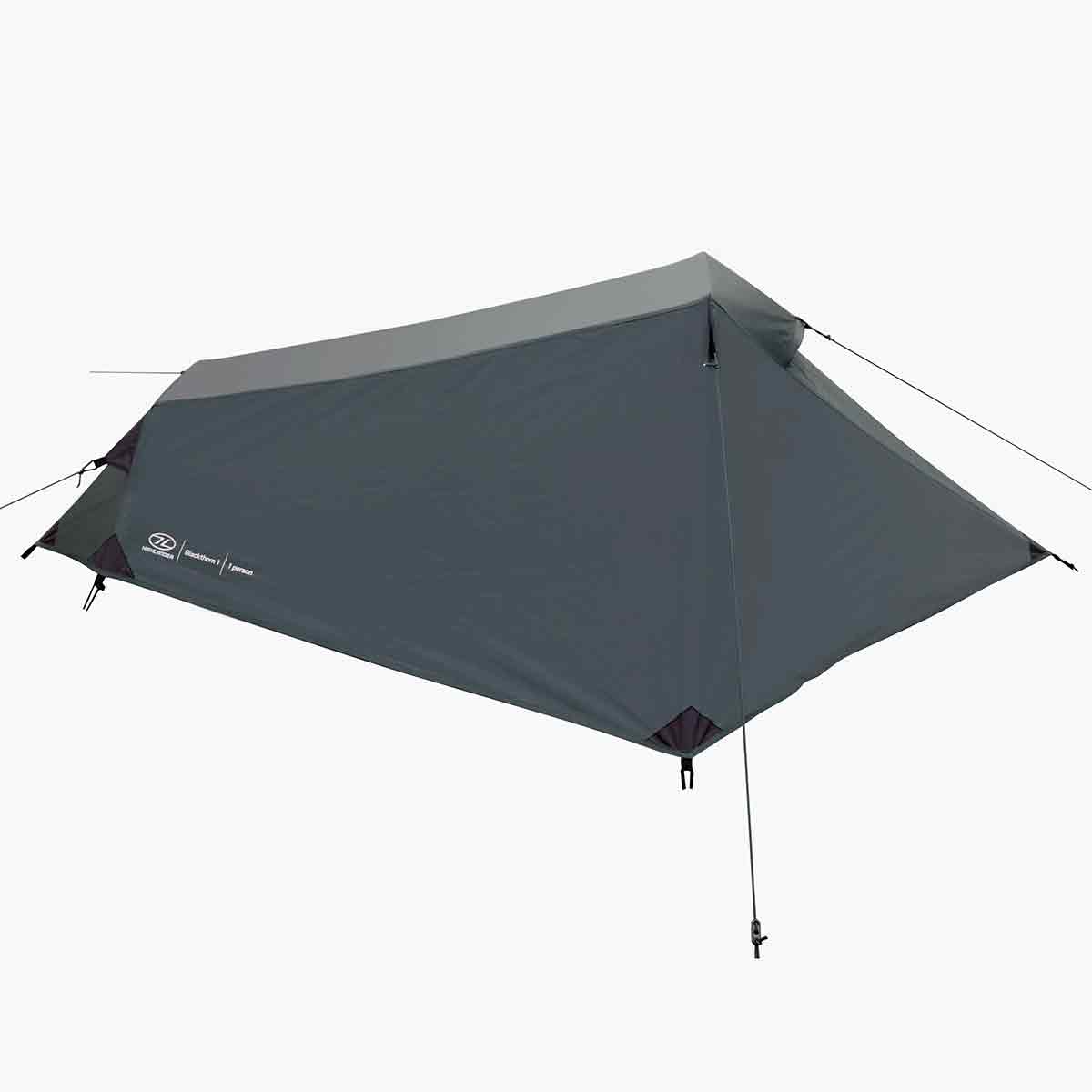 Rear side of Highlander Blackthorn 1 Person Tent Gen 2 in green, showcasing its tapered shape for efficient space and weather protection.