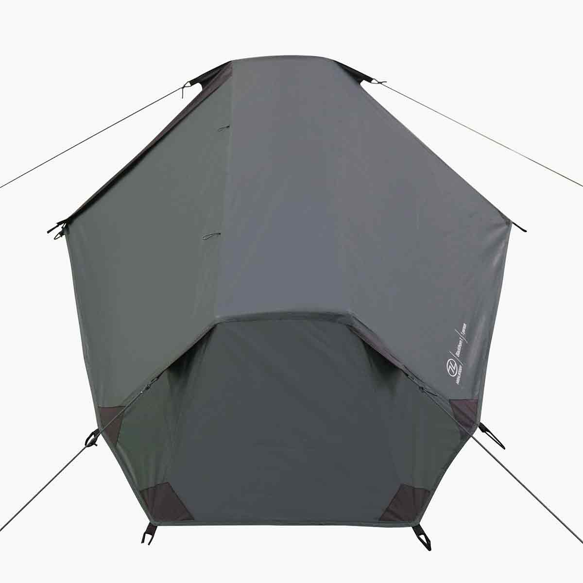 Back view of Highlander Blackthorn 1 Person Tent Gen 2 in green, showing reinforced seams and guy lines for stability in rough weather.
