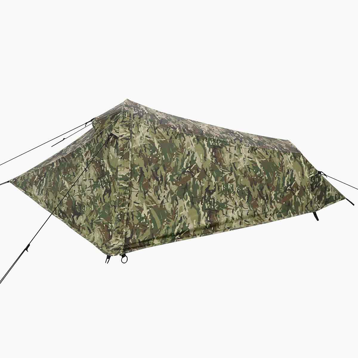 Highlander Blackthorn 1 person lightweight camo tent, zipped up.