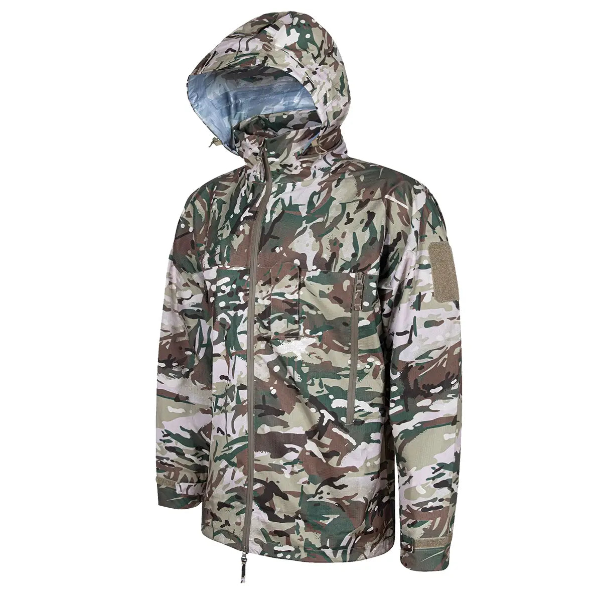Angled view of Highlander Cyclone Pro Waterproof Jacket in camo, highlighting its tactical design and breathable ripstop fabric.