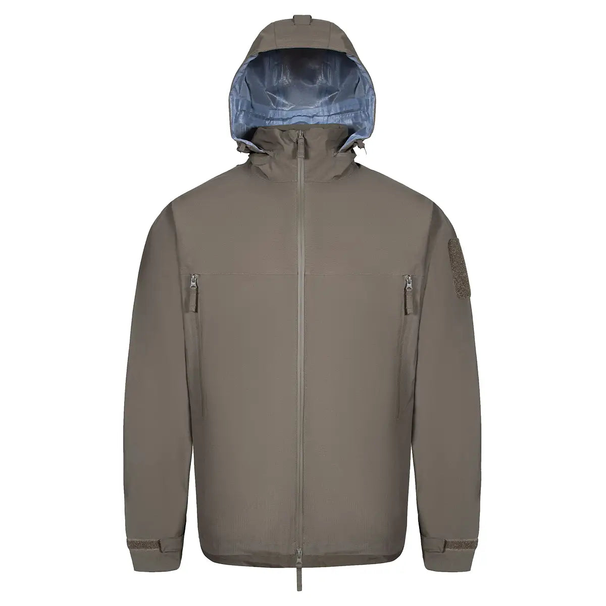 Highlander Cyclone Pro Waterproof Jacket in khaki with hood and front zip, ideal for outdoor protection and wind resistance.