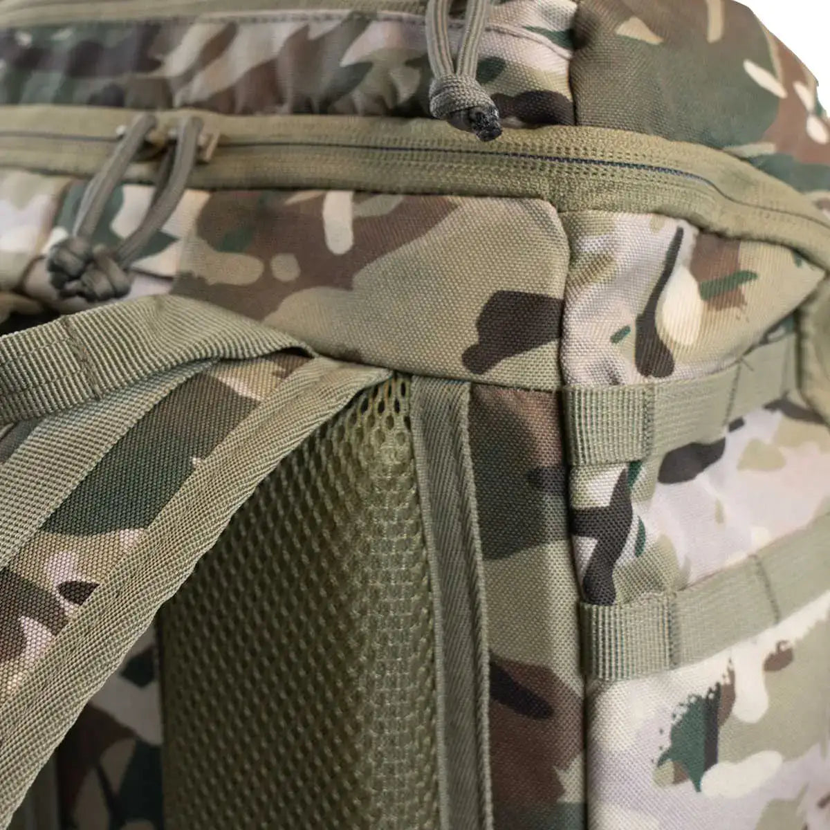 Close-up of Highlander Eagle 2 30L camouflage hiking backpack with durable fabric, adjustable straps, and mesh side pocket for outdoor use