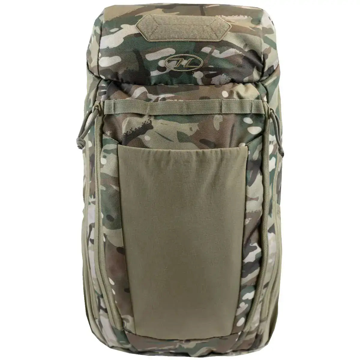 Camouflage Highlander Eagle 2 30L backpack with multiple zip compartments, front pocket, and adjustable straps, made from durable 600D polyester for outdoor hiking and camping.