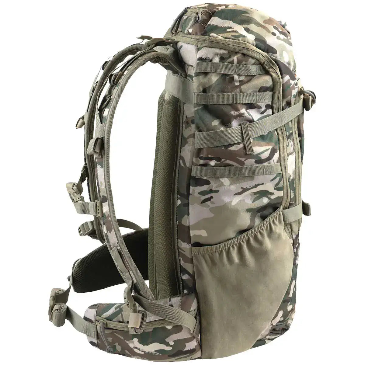 Side view of Highlander Eagle 3 40L Daysack in camouflage pattern with padded shoulder straps and multiple gear attachment points for hiking - SKU: JB0795