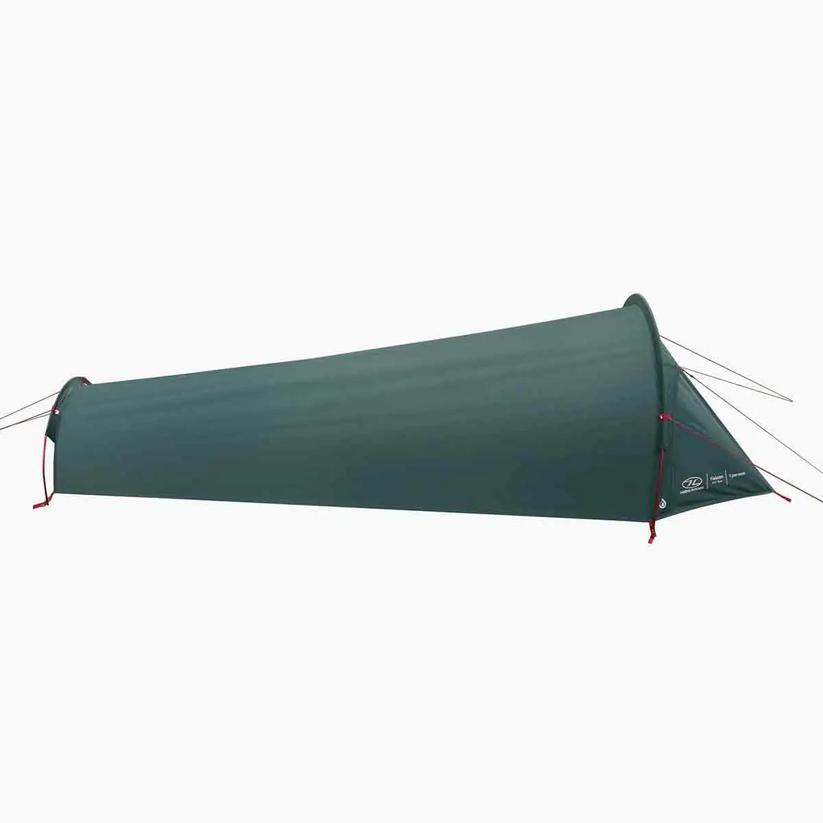 Angled side view of Highlander Falcon Bivvy Tent Pine Green showcasing its tapered, low-profile structure for wind resistance. from John Bull Clothing