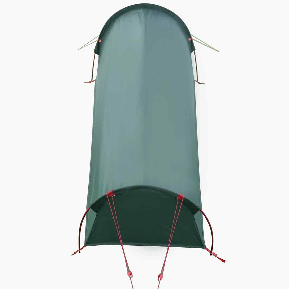 Rear view of Highlander Falcon Bivvy Tent Pine Green with ventilation flap and secure guy line attachments.