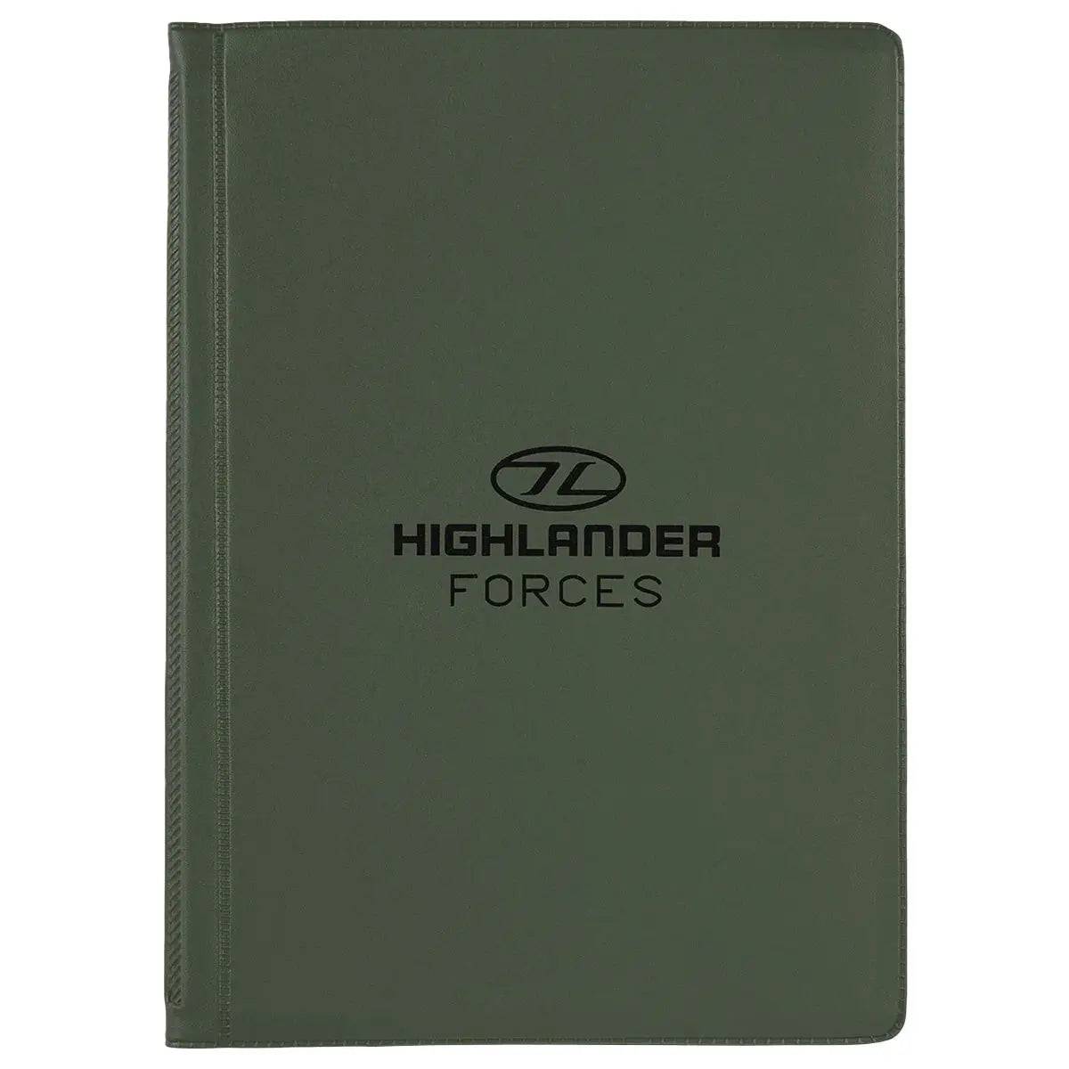 Highlander Forces A6 Documents Folder in green with a durable polyester cover and black logo. Ideal for organizing and protecting important papers.