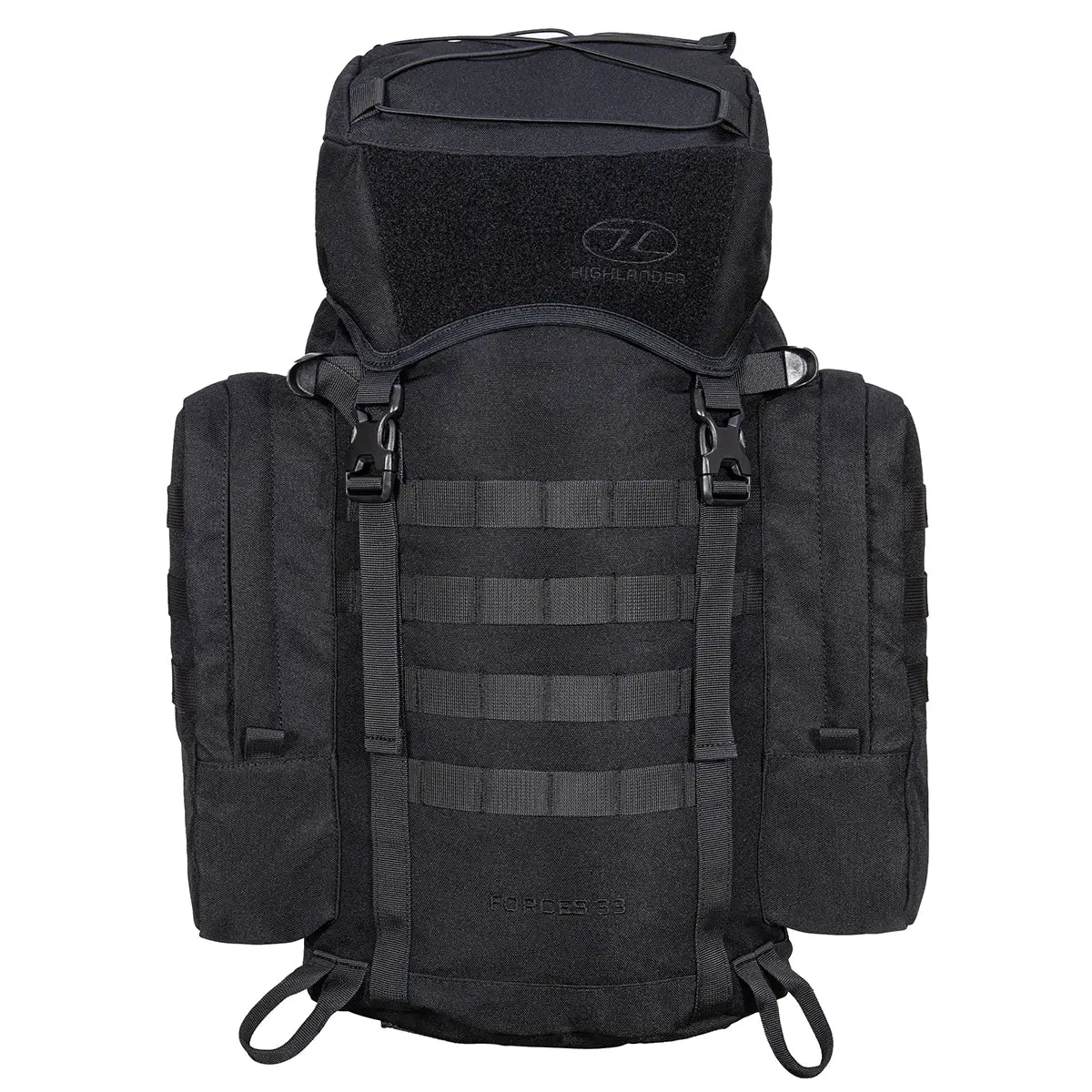 Black Highlander Forces Elite 33 Litre Rucksack featuring durable construction and MOLLE compatibility for versatile tactical organization.