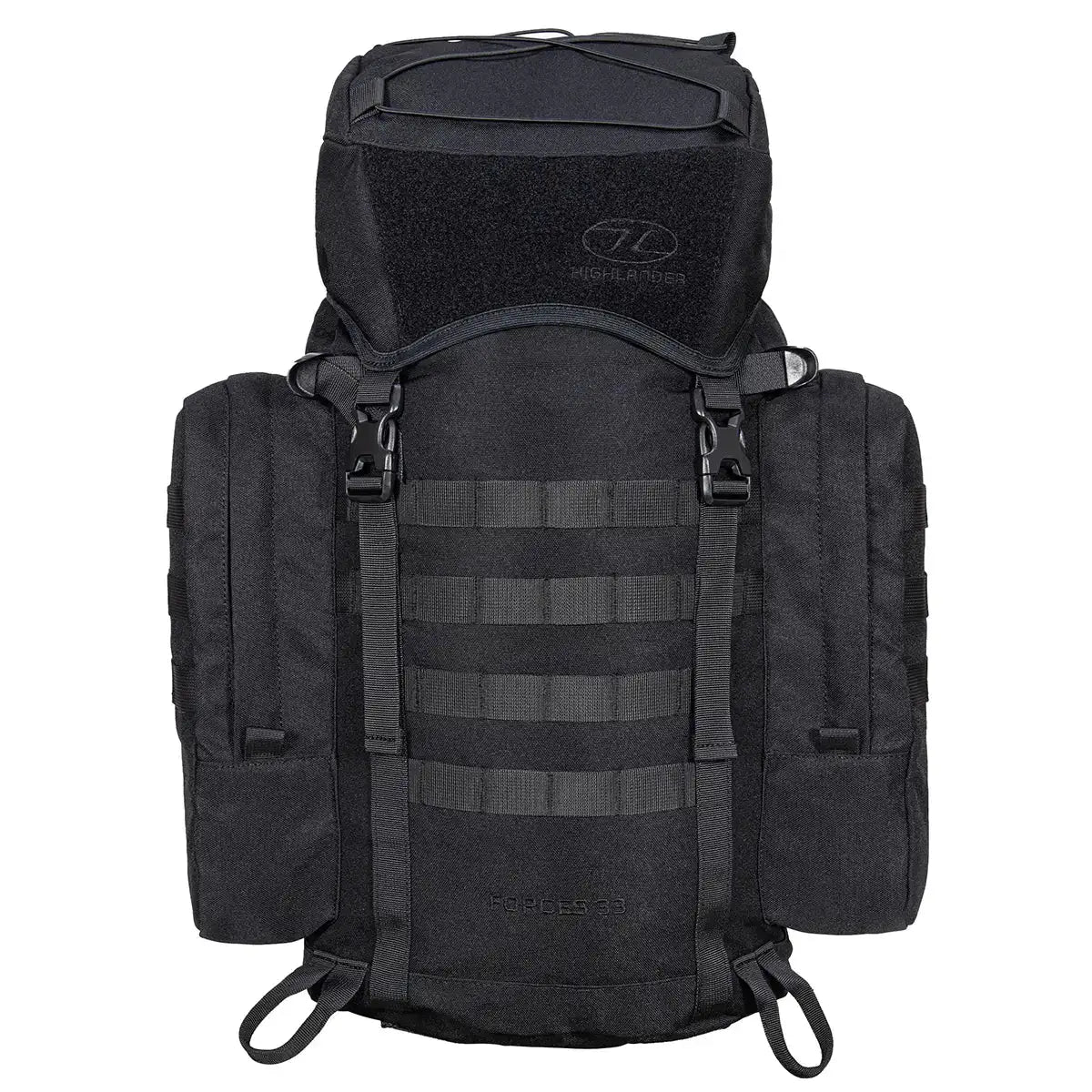 Black Highlander Forces Elite 33 Litre Rucksack featuring durable construction and MOLLE compatibility for versatile tactical organization. Black from John Bull Clothing