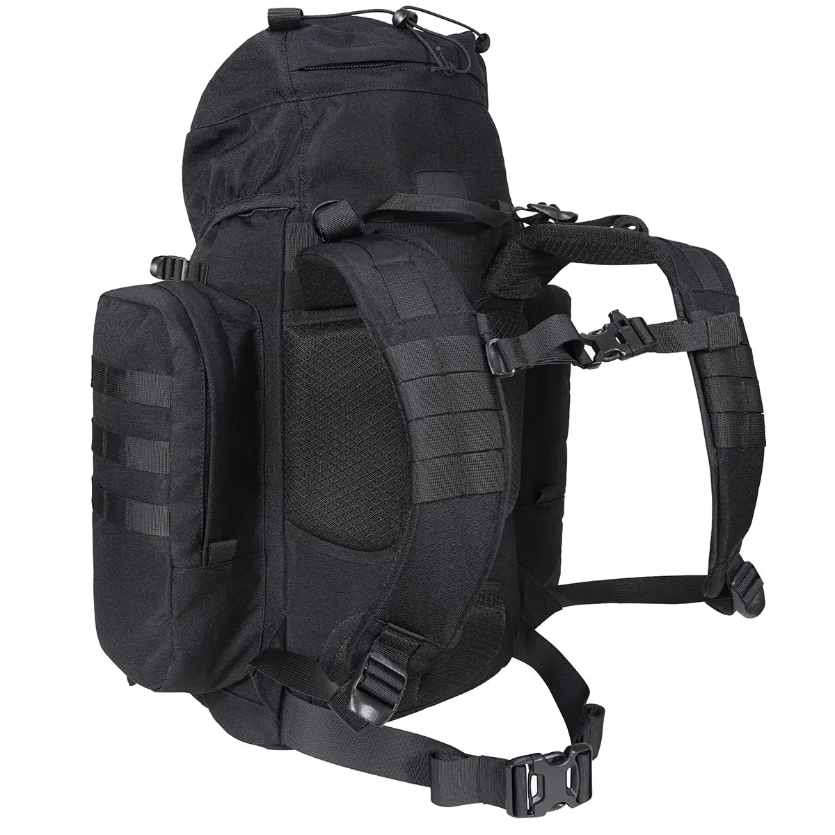 Side view of black Highlander Forces Elite 33 Litre Rucksack showing padded straps and MOLLE loops, built for comfort and heavy-duty use.