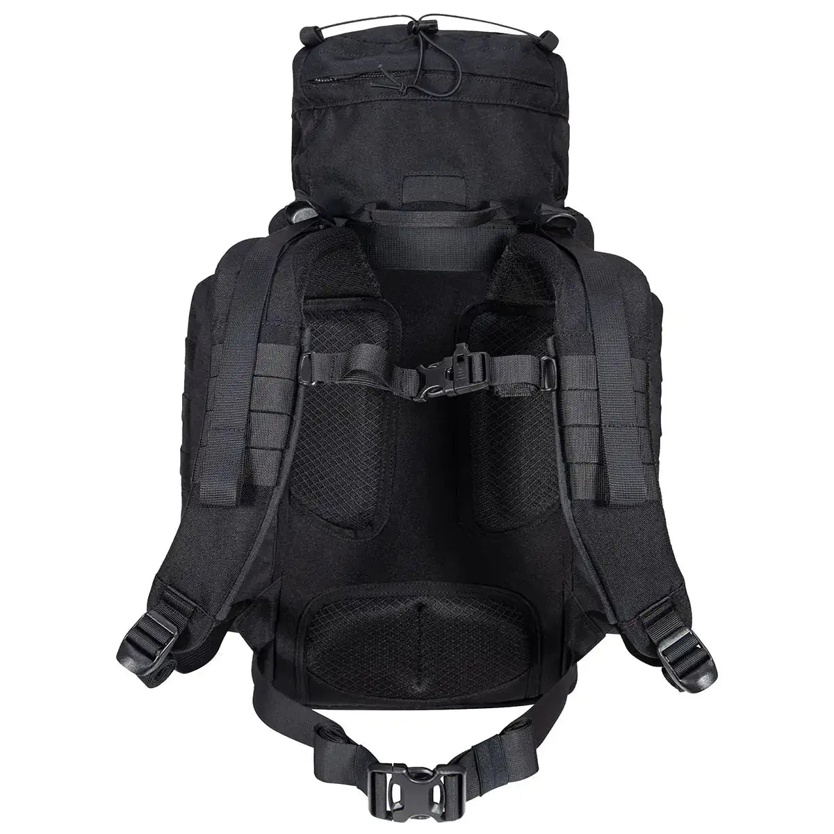 Rear view of Highlander Forces Elite 33 Litre Rucksack in black with ergonomic padded back panel and adjustable chest and waist straps. from John Bull Clothing