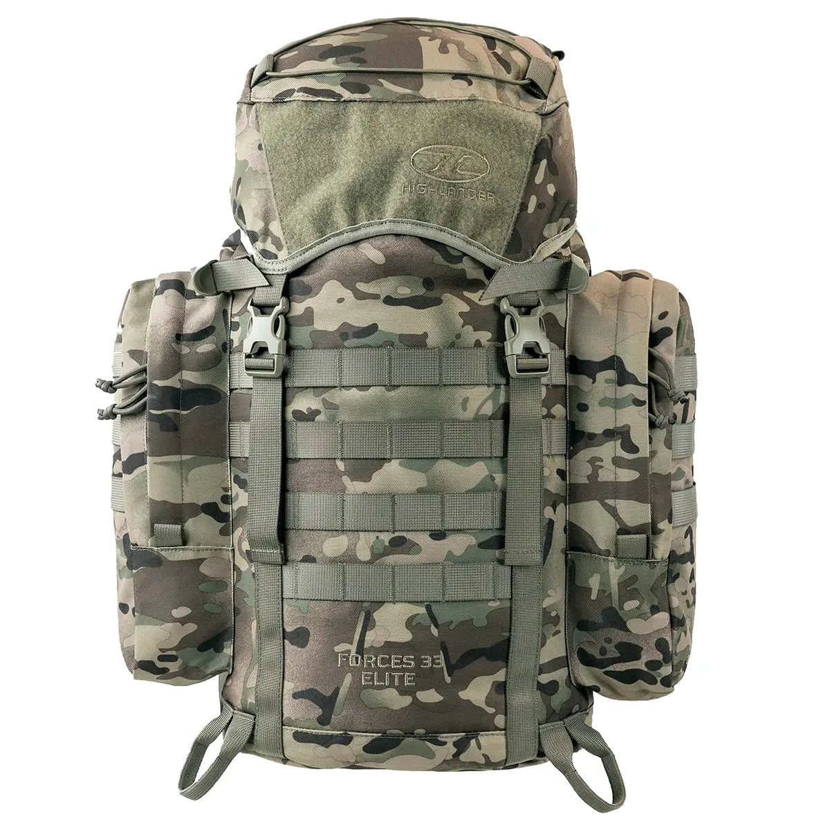 Highlander Forces Elite 33 Litre Rucksack in multicam camo with MOLLE webbing and dual side pockets, ideal for tactical and outdoor use