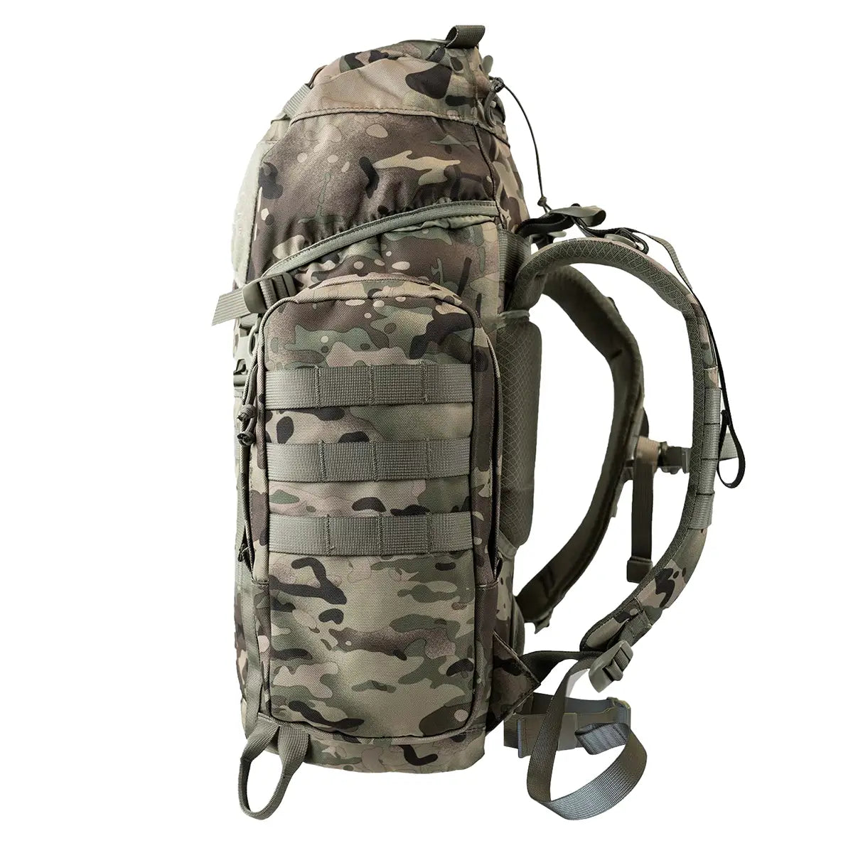 Side profile of Highlander Forces Elite 33 Litre Rucksack in multicam pattern with MOLLE webbing and padded shoulder straps for load support.