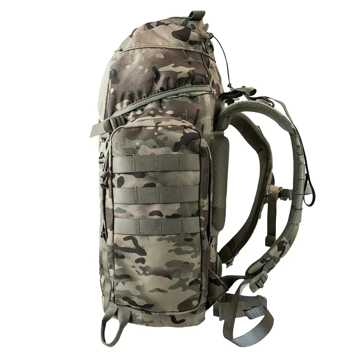 Side profile of Highlander Forces Elite 33 Litre Rucksack in multicam pattern with MOLLE webbing and padded shoulder straps for load support. from John Bull Clothing