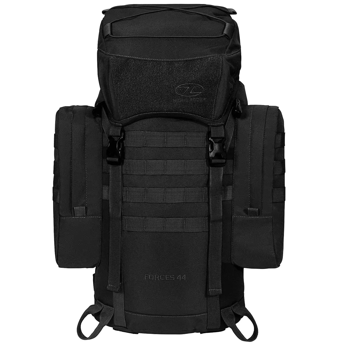 Front view of Highlander Forces Elite 44 Litre Backpack in black with MOLLE webbing and heavy-duty buckles for tactical gear storage.