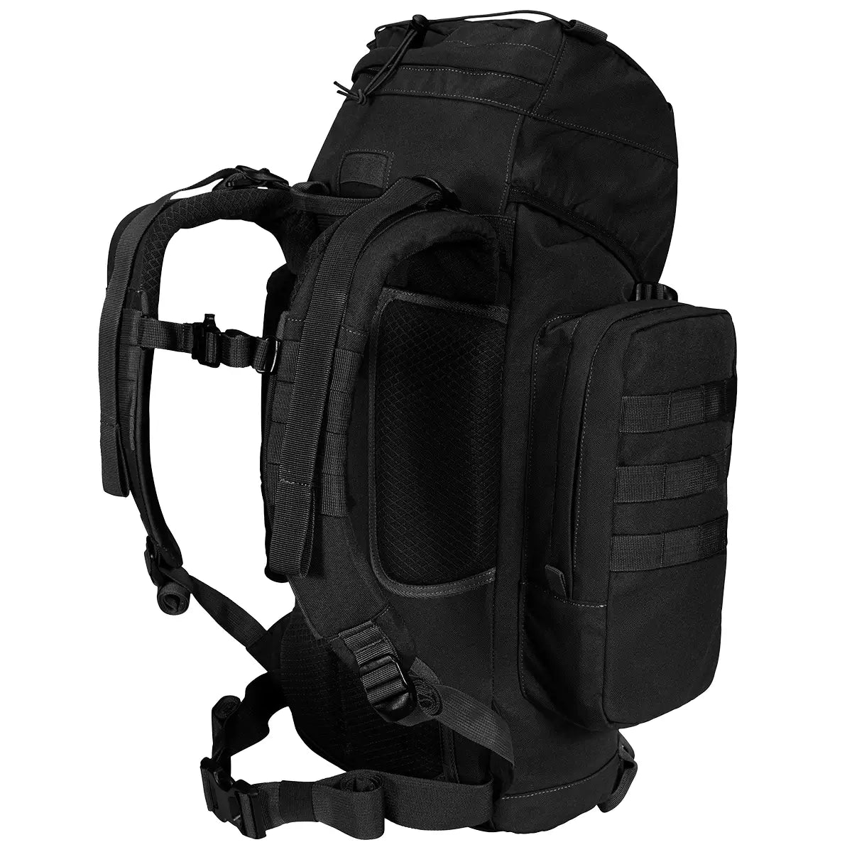 Black Highlander Forces Elite 44 Litre Backpack with tactical side pouches and padded straps, built for durability and stealth operations.