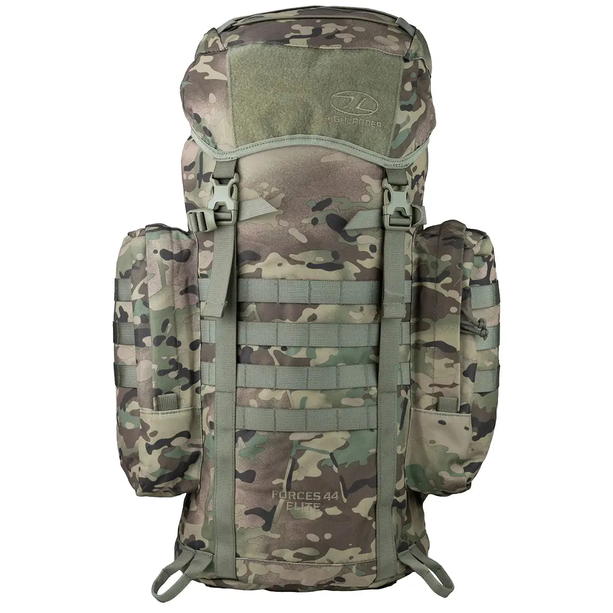 Highlander Forces Elite 44 Litre Backpack in camo with MOLLE webbing, ideal for tactical and outdoor use. Available at John Bulls.