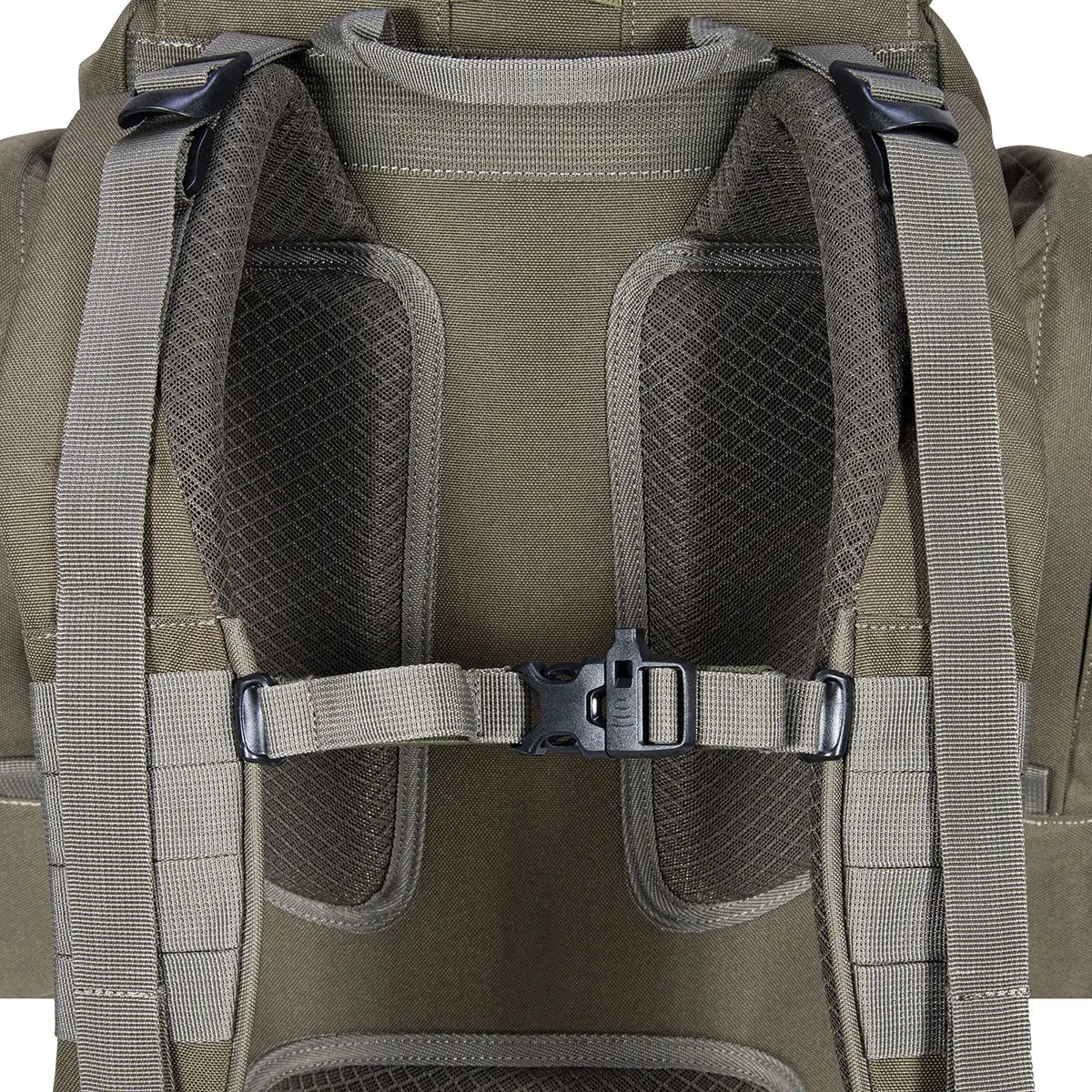 Close-up of padded shoulder straps and sternum strap on Highlander Forces Elite 44 Litre Backpack, designed for comfort and load stability.