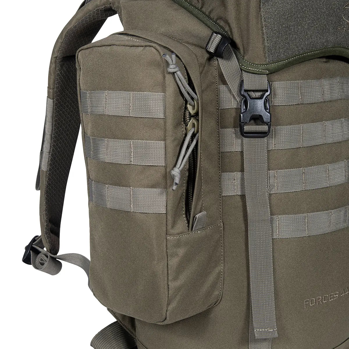 Detailed view of side pouch and MOLLE webbing on Highlander Forces Elite 44 Litre Backpack, ideal for modular gear attachment.