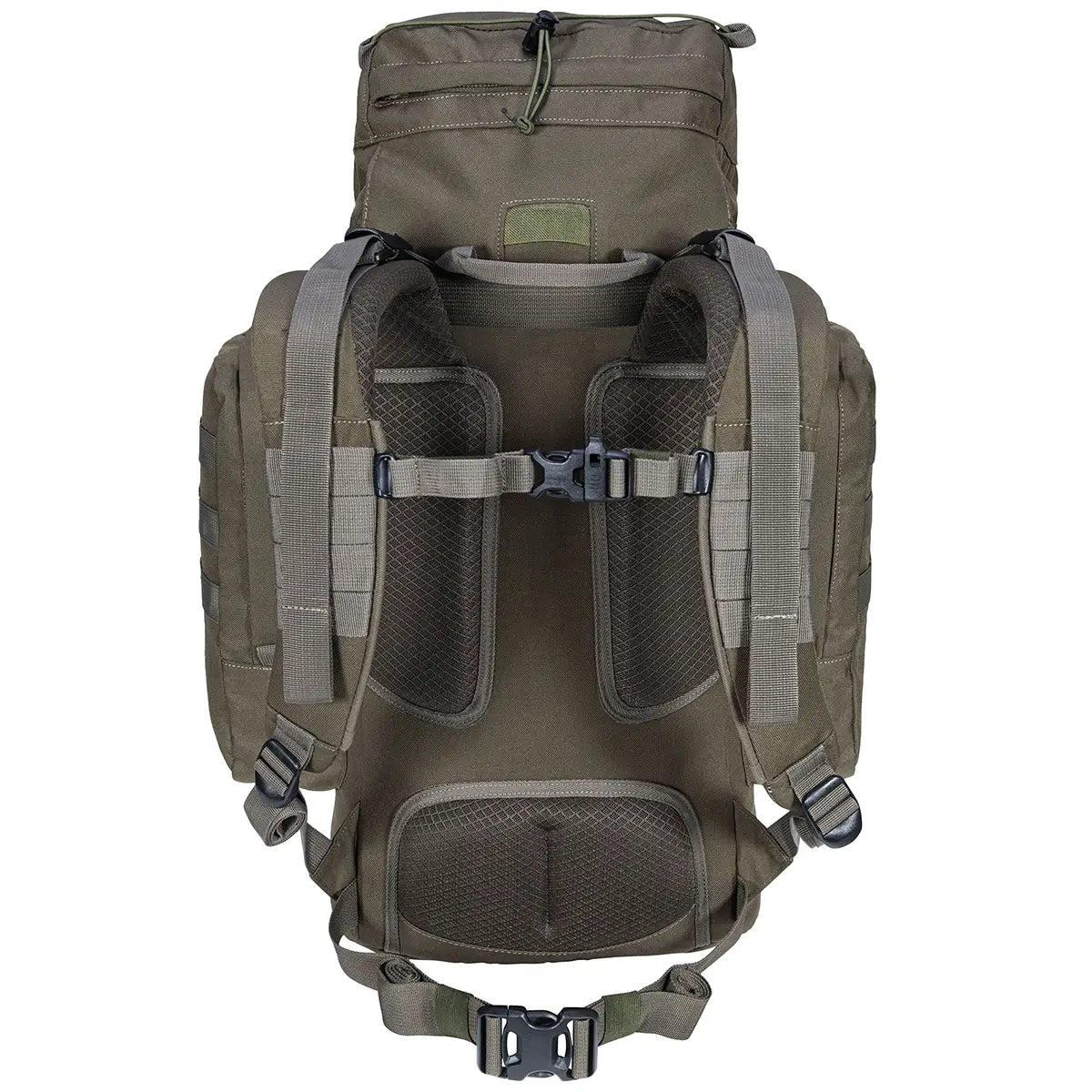 Back view of Highlander Forces Elite 44 Litre Backpack in olive green with padded support system and adjustable waist belt for heavy loads.