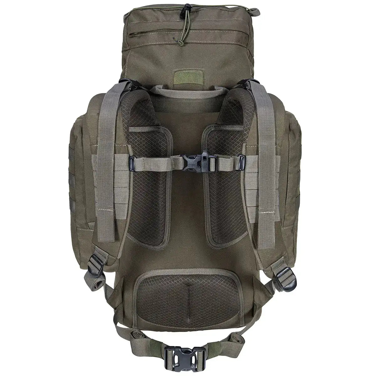 Back view of Highlander Forces Elite 44 Litre Backpack in olive green with padded support system and adjustable waist belt for heavy loads. from John Bull Clothing