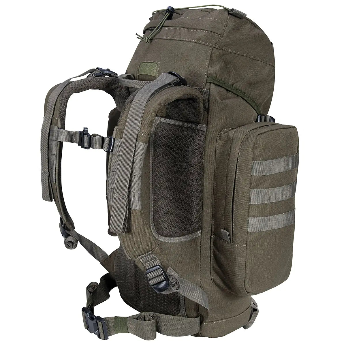 Side angle of Highlander Forces Elite 44 Litre Backpack showing ergonomic back padding and MOLLE-compatible side pouch in olive green.