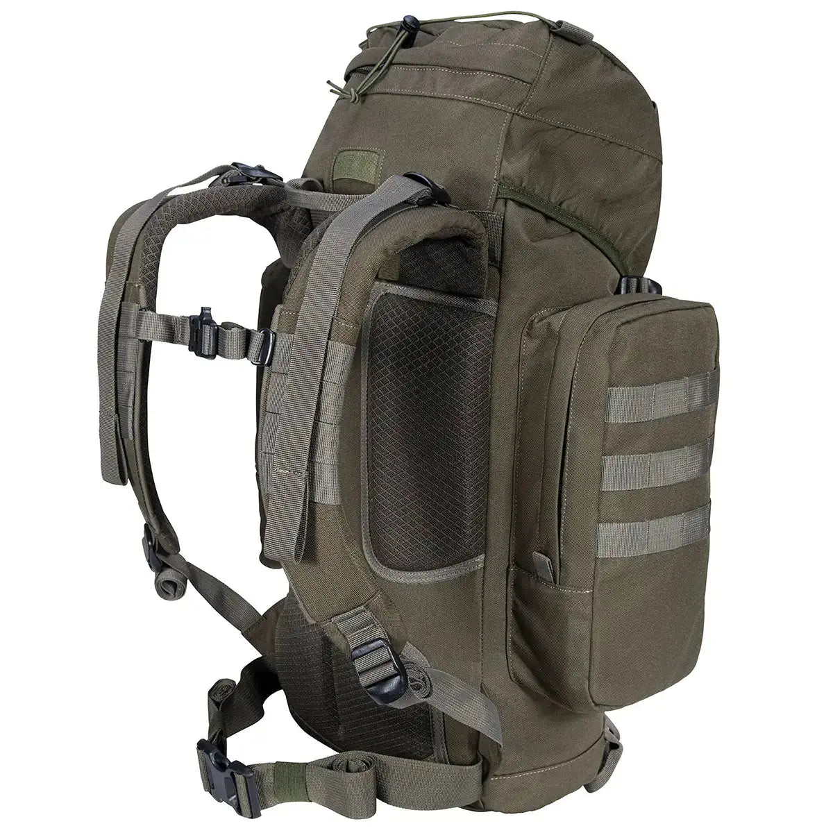 Side angle of Highlander Forces Elite 44 Litre Backpack showing ergonomic back padding and MOLLE-compatible side pouch in olive green. from John Bull Clothing