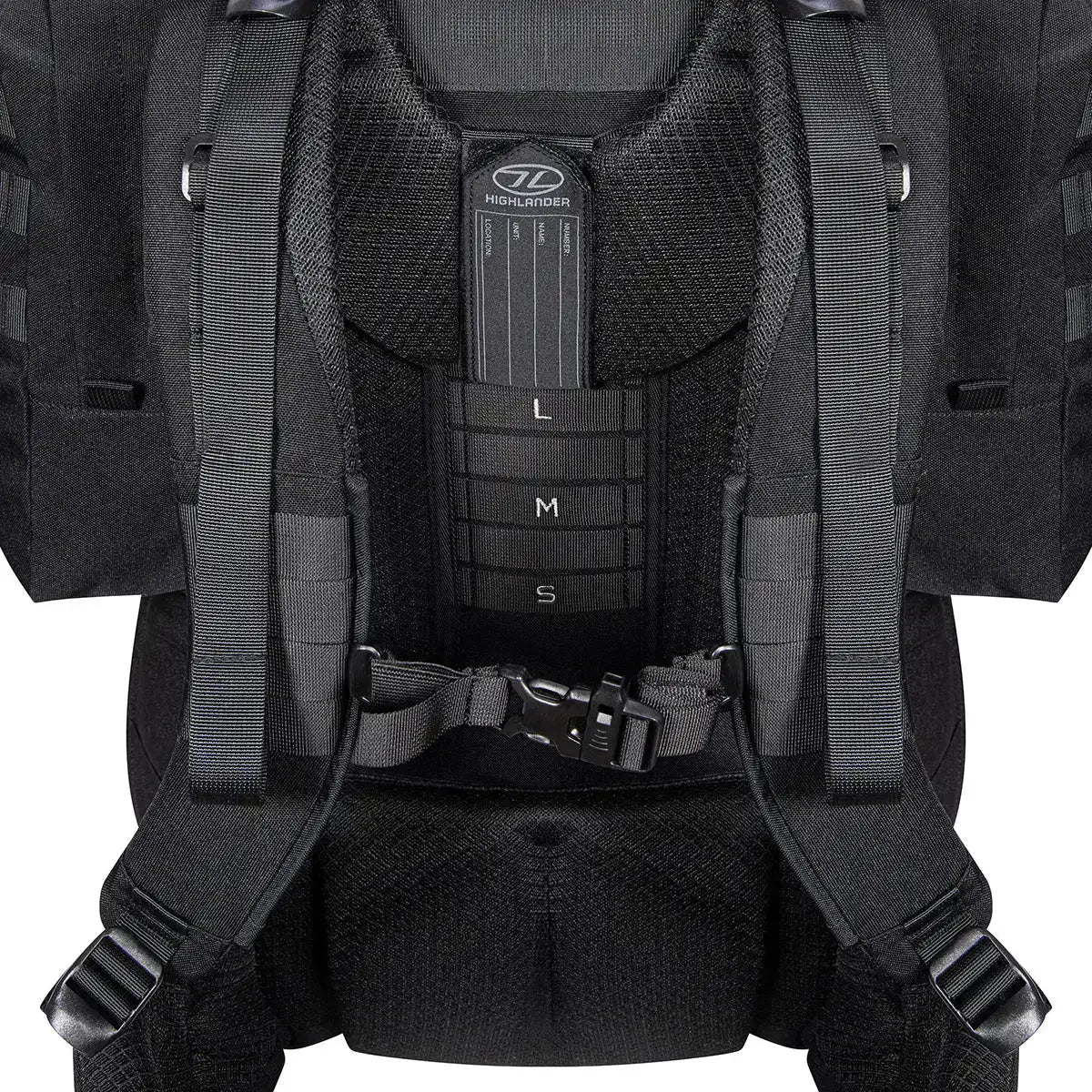 Close-up of Highlander Forces Elite 66 Litre Rucksack adjustable back system with size markers for personalized fit and comfort. from John Bull Clothing from John Bull Clothing