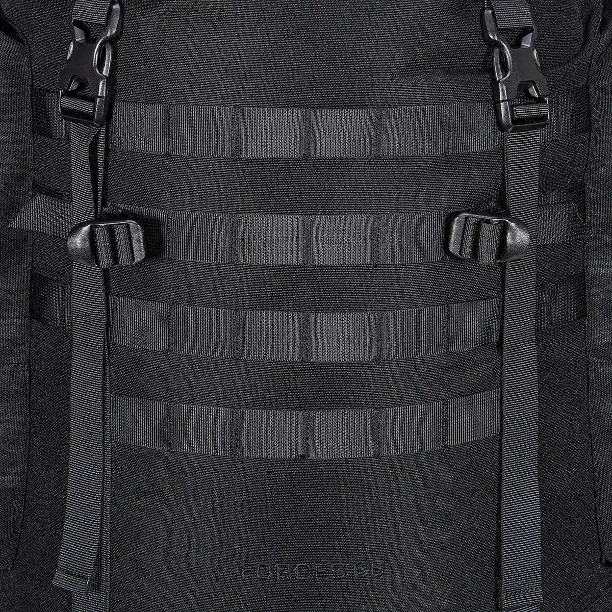 Detail of MOLLE webbing and buckle straps on Highlander Forces Elite 66 Litre Rucksack for attaching extra gear and accessories. from John Bull Clothing