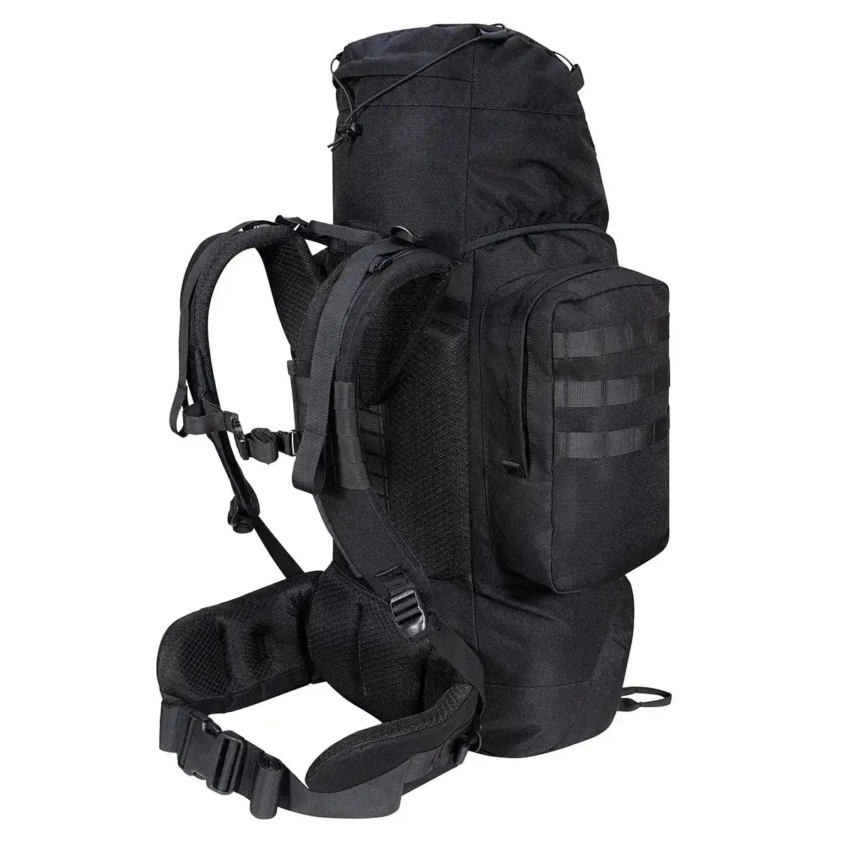 Side profile of black Highlander Forces Elite 66 Litre Rucksack showing MOLLE-compatible side pouch and padded shoulder harness. from John Bull Clothing from John Bull Clothing