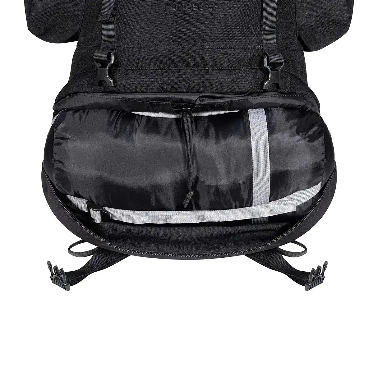 Interior compartment of Highlander Forces Elite 66 Litre Rucksack with compression straps for secure gear organization and storage. from John Bull Clothing from John Bull Clothing