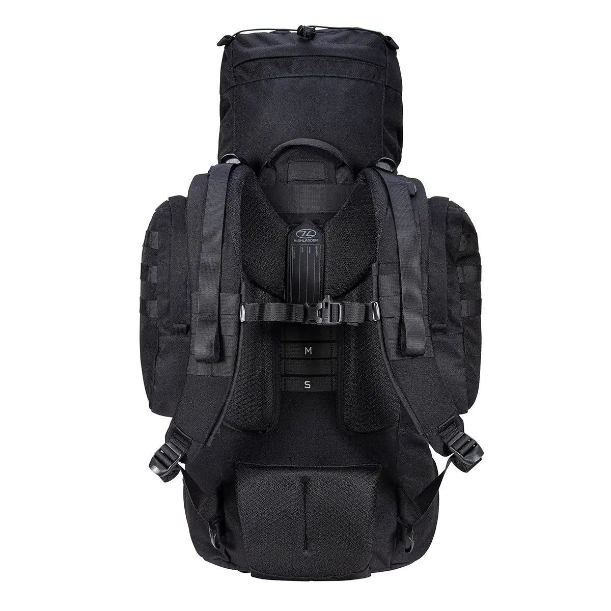 Angled rear view of Highlander Forces Elite 66 Litre Rucksack with contoured shoulder straps and ventilated back support system.