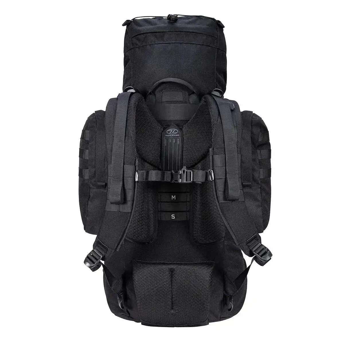 Angled rear view of Highlander Forces Elite 66 Litre Rucksack with contoured shoulder straps and ventilated back support system. from John Bull Clothing from John Bull Clothing