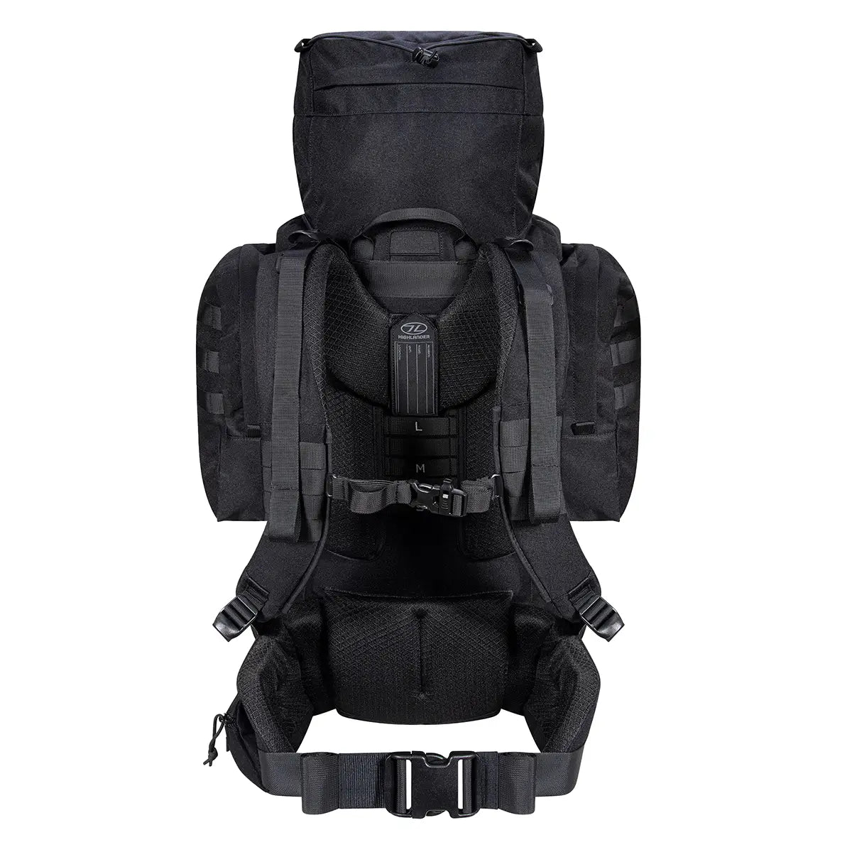 Rear view of Highlander Forces Elite 66 Litre Rucksack showing ergonomic back panel and adjustable shoulder straps for heavy load comfort.