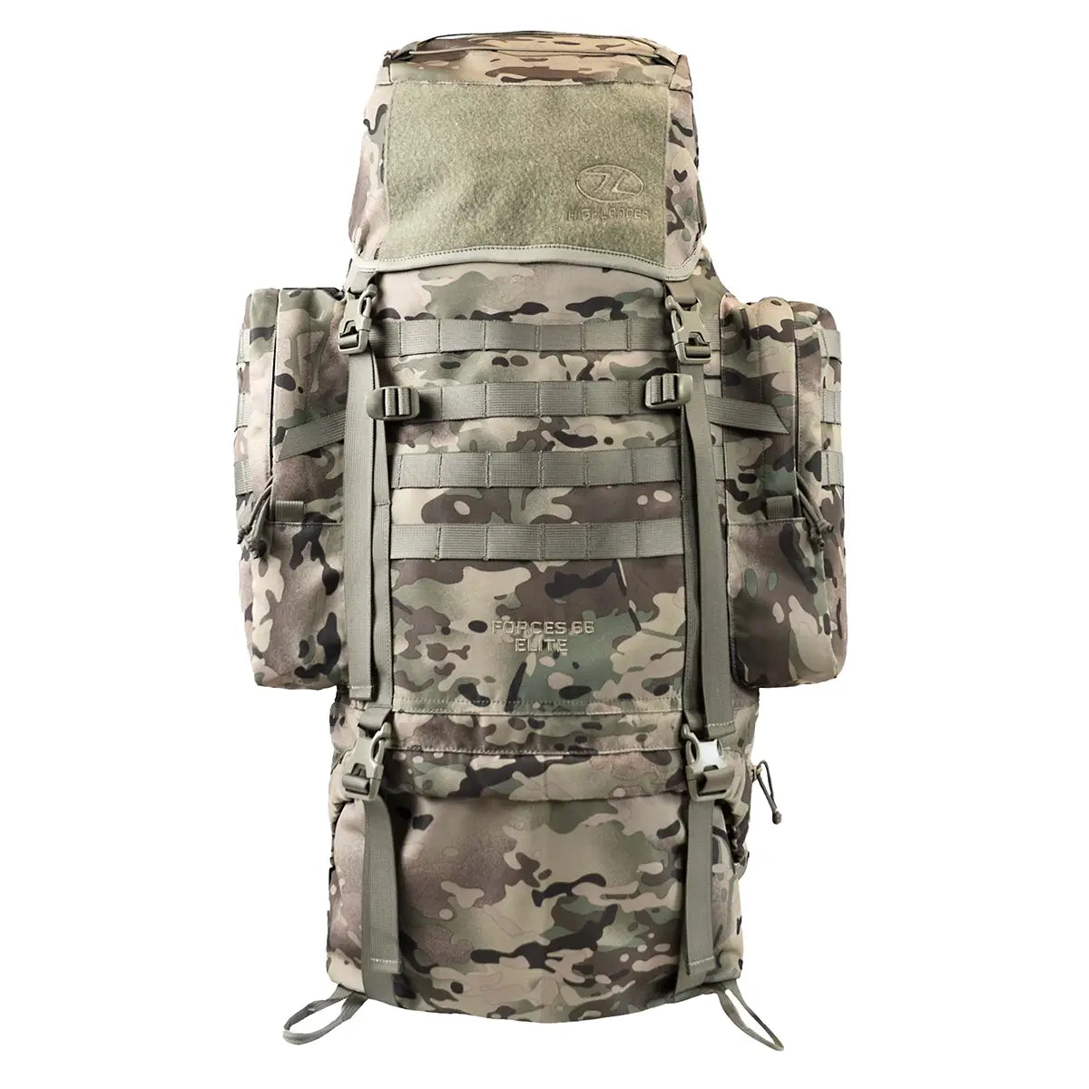 Camouflage Highlander Forces Elite 66 Litre Rucksack with top lid, MOLLE system, and rugged design for military and survival gear storage.