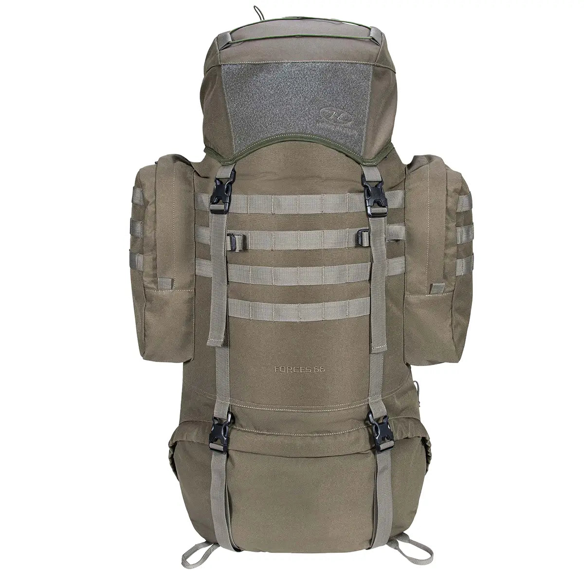 Highlander Forces Elite 66 Litre Rucksack in olive green with MOLLE webbing and dual side pouches, ideal for tactical and outdoor use.