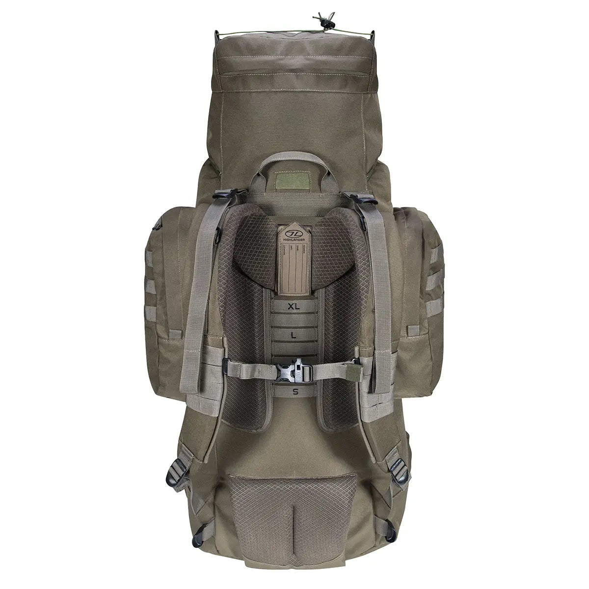 Rear view of Highlander Forces Elite 88L Bergen Pack showing adjustable padded straps and back support system for long treks.