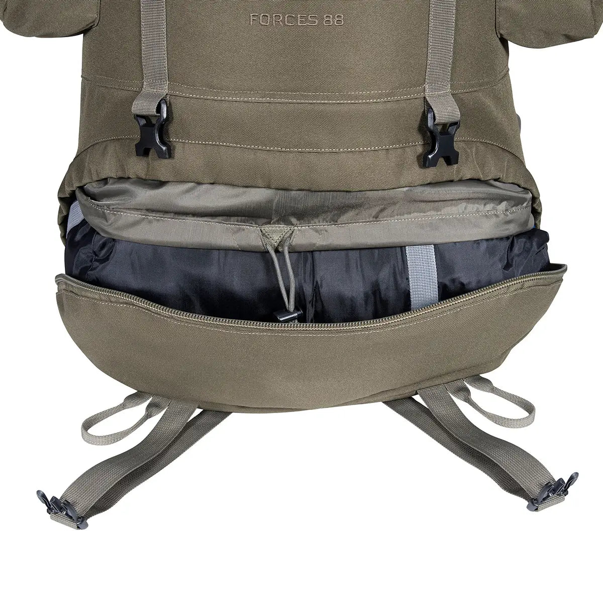 Bottom compartment of Highlander Forces Elite 88L Pack unzipped, showing internal storage space for sleeping bags or bulky items.
