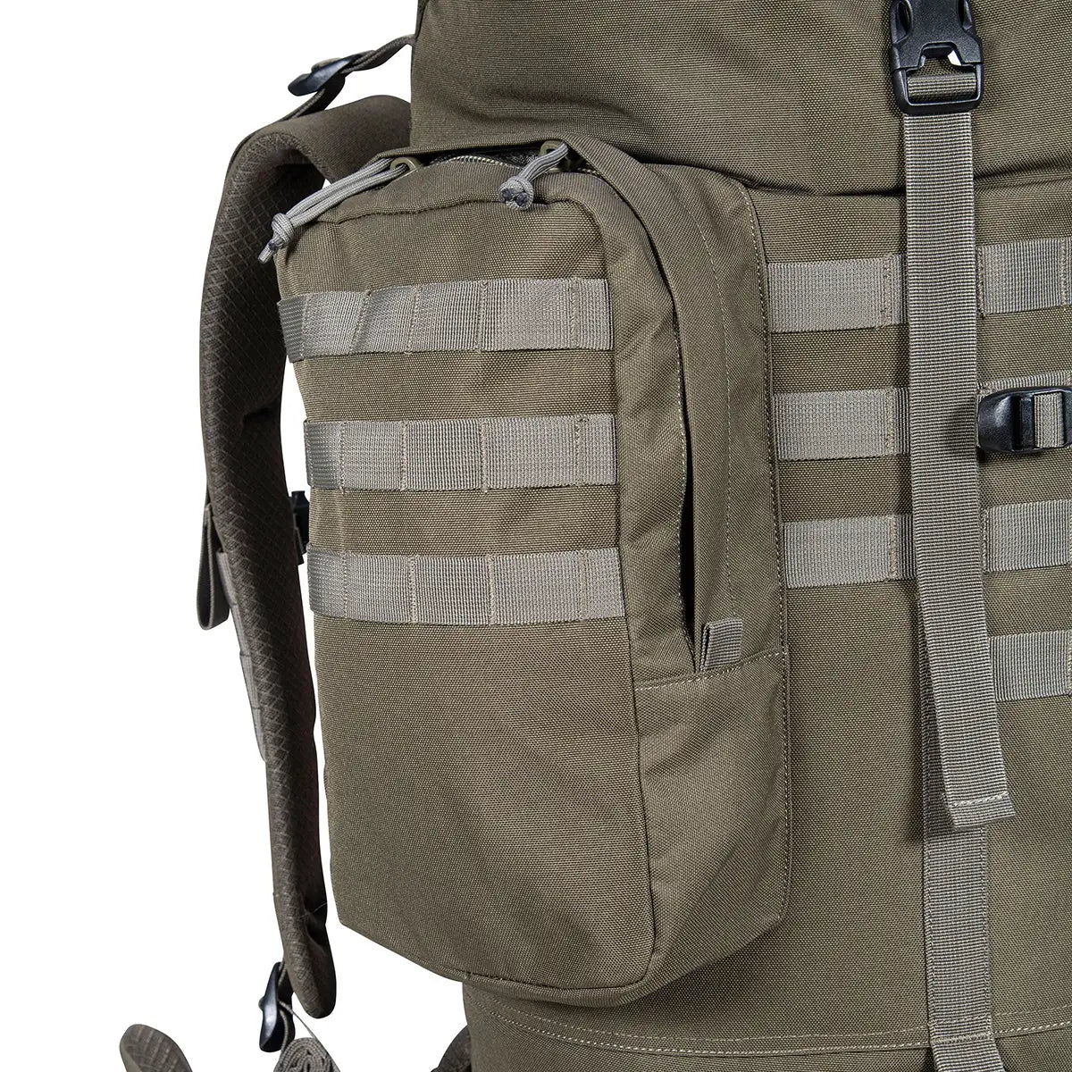 Detailed view of side pouch on Highlander Forces Elite 88L Bergen Pack, featuring MOLLE webbing for modular attachments.