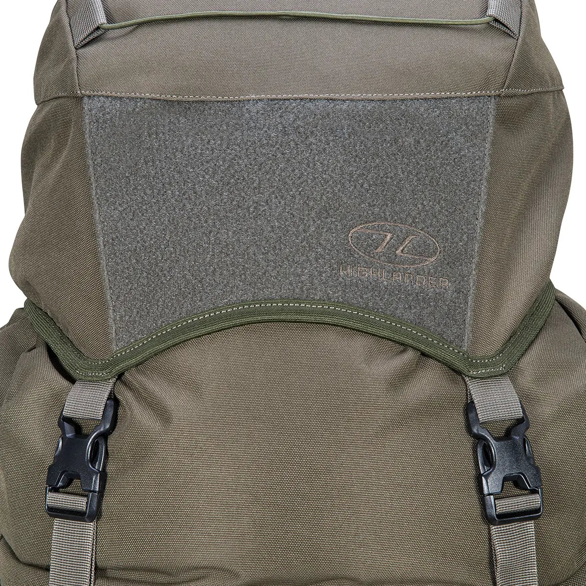 Top flap of Highlander Forces Elite 88L Pack with Velcro patch area and secure buckle closures for added gear protection.