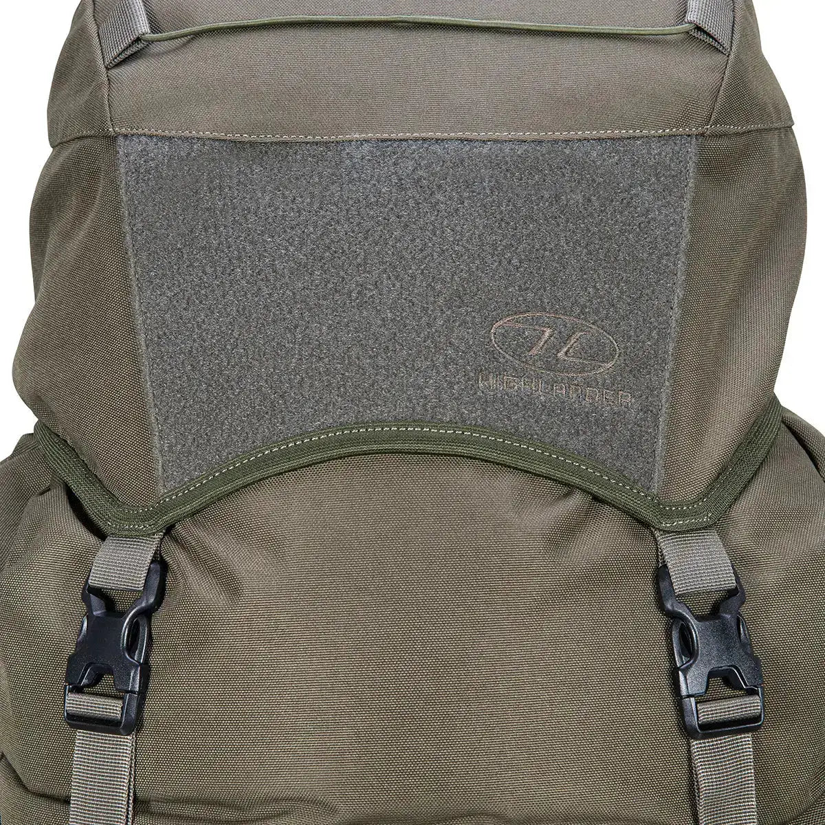 Top flap of Highlander Forces Elite 88L Pack with Velcro patch area and secure buckle closures for added gear protection. from John Bull Clothing from John Bull Clothing