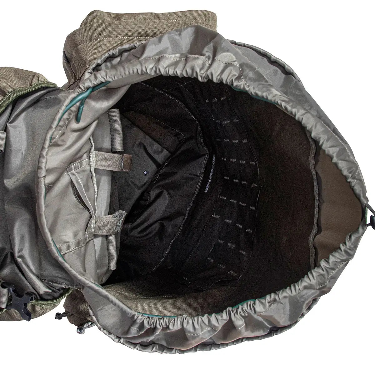 Interior view of Highlander Forces Elite 88L Bergen Pack showing spacious main compartment with drawstring closure and gear loops.