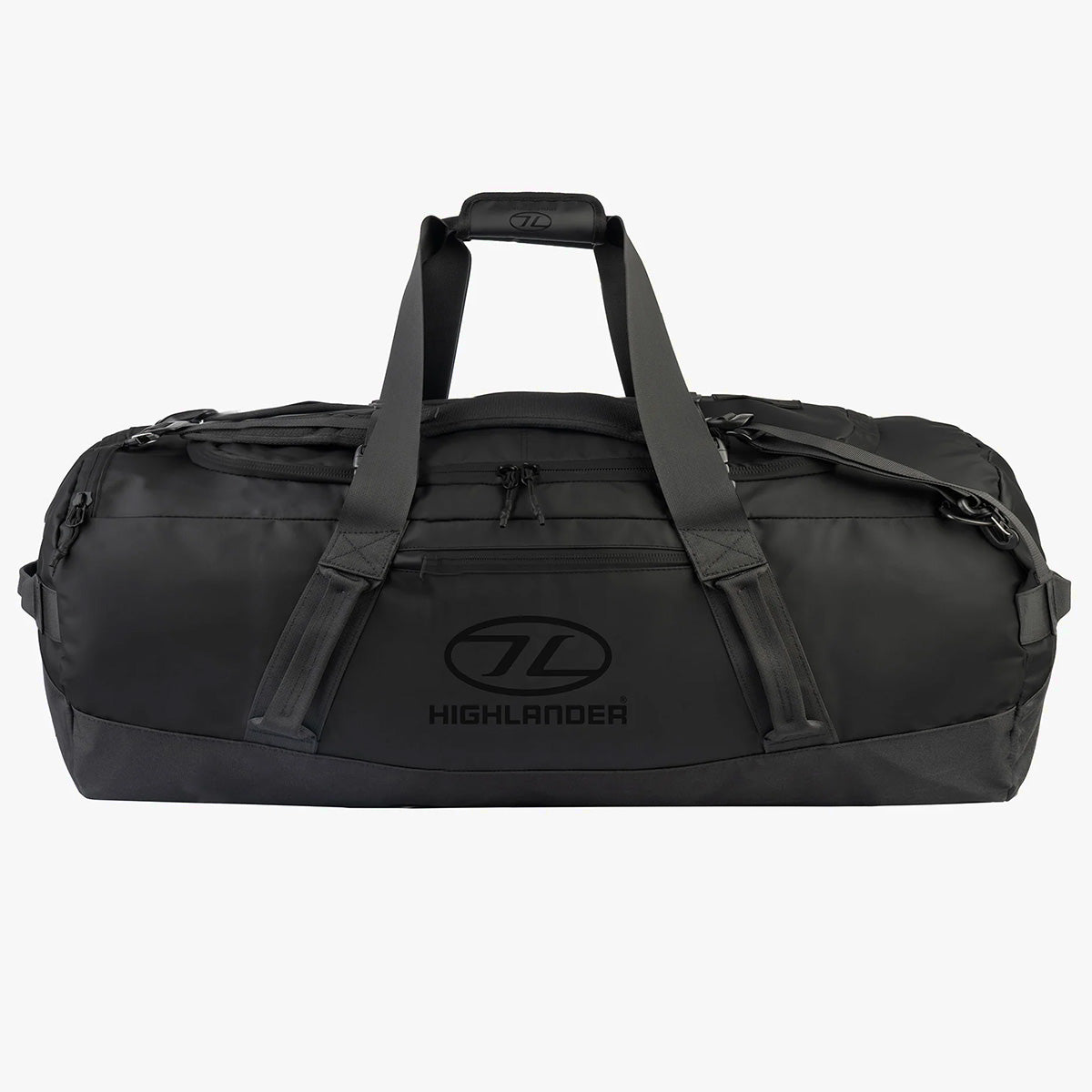 Large Highlander Hauler Duffel Bag in black, featuring reinforced straps and a spacious main compartment for heavy-duty packing needs.