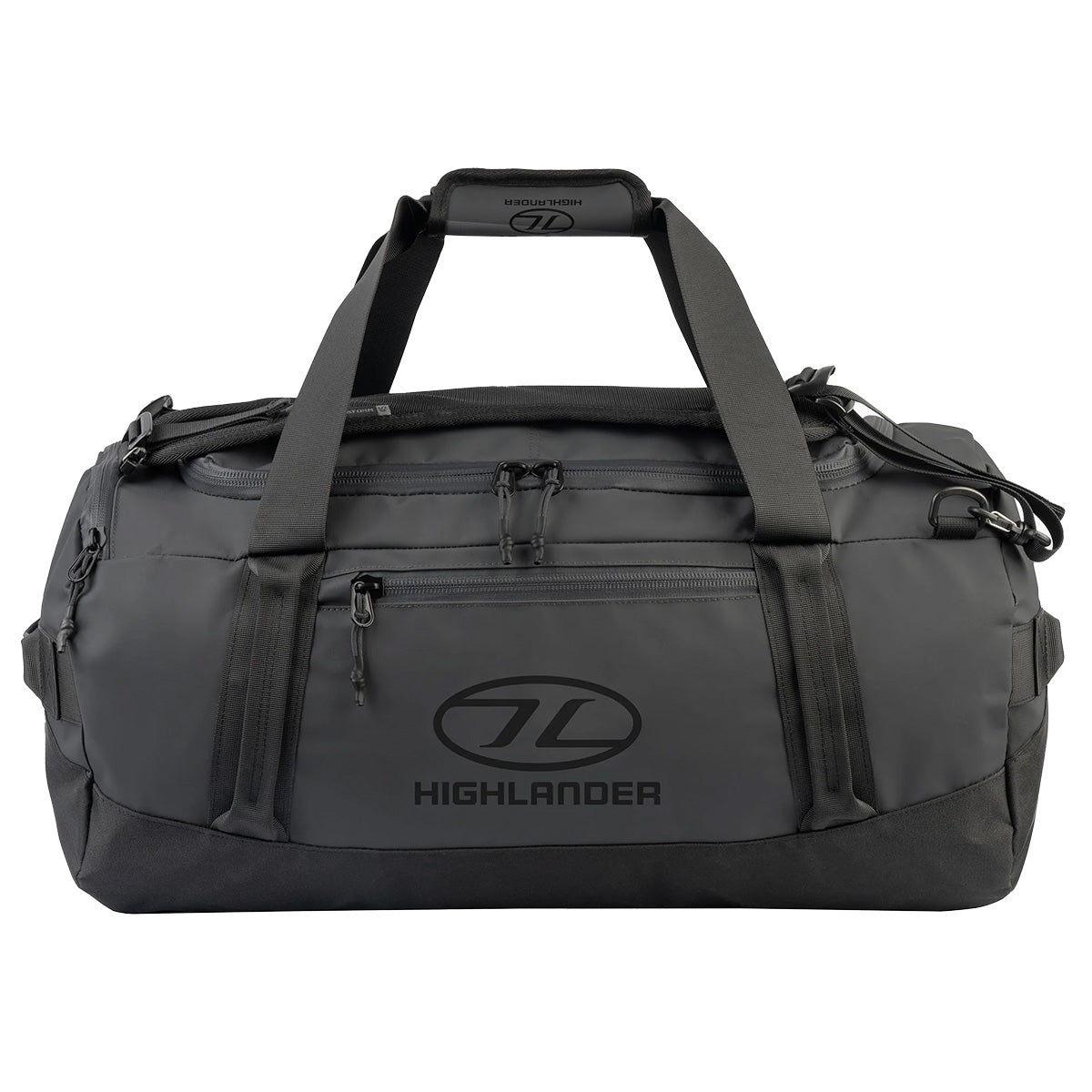 Highlander Hauler Duffel Bag in black with grey details, made from tough 600D PVC material, perfect for travel, sports, and outdoor use.