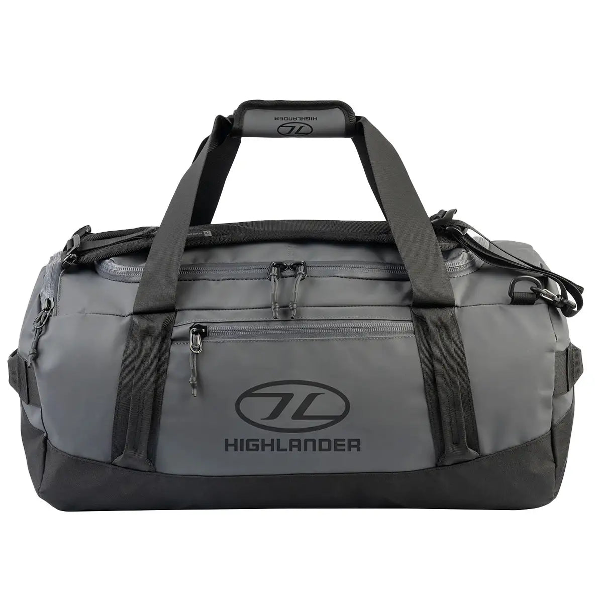 Highlander Hauler Duffel Bag in grey with black details, designed for durability and spacious storage, ideal for travel and outdoor adventures. 45 litre from John Bull Clothing