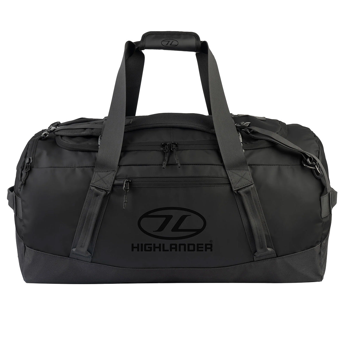 Highlander Hauler Duffel Bag in black, medium size with reinforced zippers and durable fabric, ideal for gym, travel, and outdoor adventures.