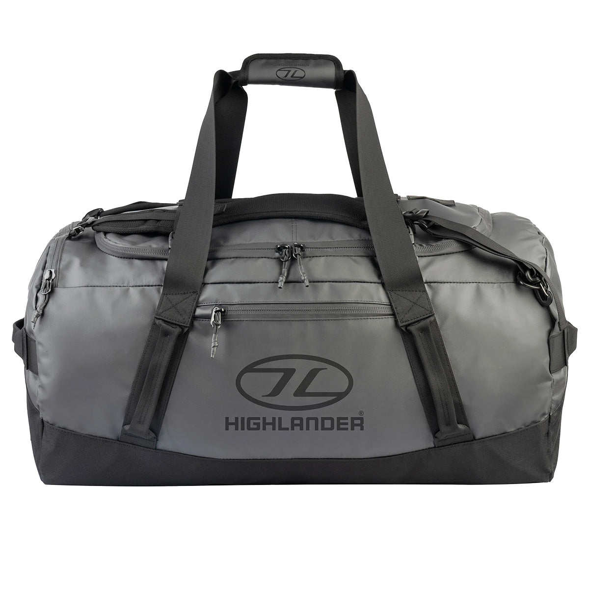 Highlander Hauler Duffel Bag in grey, medium size with multiple compartments and sturdy straps, perfect for travel and sports activities.