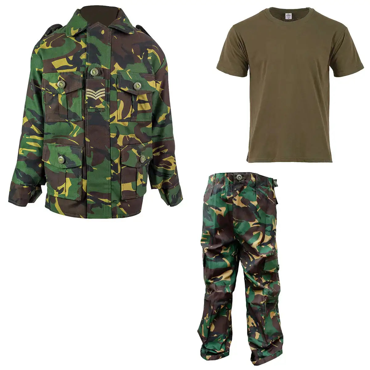 Kids camouflage army clothing set with camo jacket, matching trousers, and tan T-shirt, durable fabric, perfect for outdoor play
